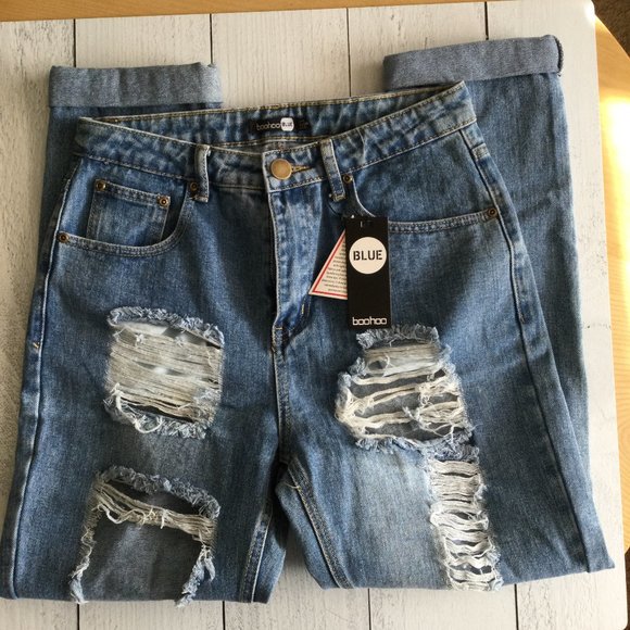 Boohoo Sophie High Waist Mom Distressed Jeans, 6 - Picture 3 of 10